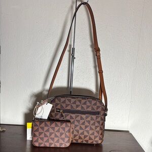 Brown Geometric Crossbody Bag with Coin Pouch